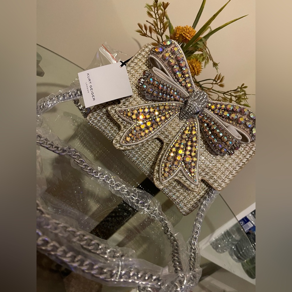 Kurt Geiger Silver and Gold Rhinestone Bow Bag